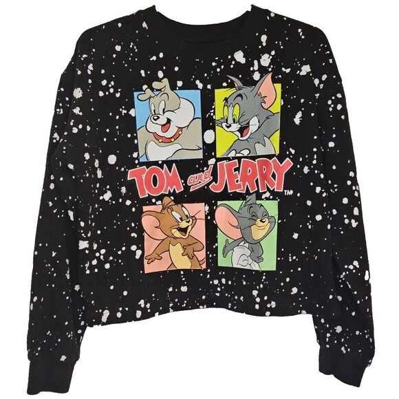 Tom & Jerry Sweater Juniors Size XL Retro Cropped Pullover Paint Splatter Black - Picture 1 of 4